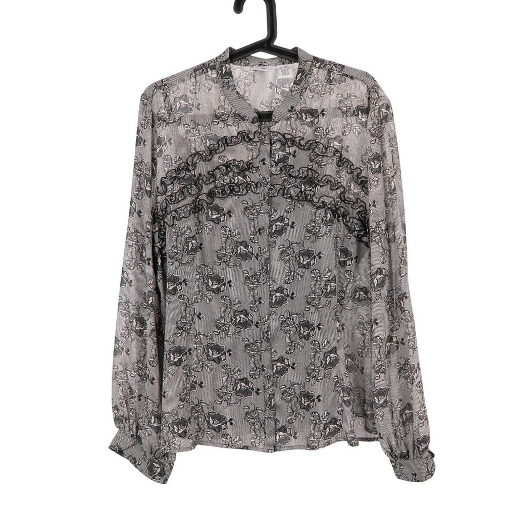 Y2K Sheer Floral Ruffle Blouse Tank Set XL Black White Whimsigoth Lace Buttons